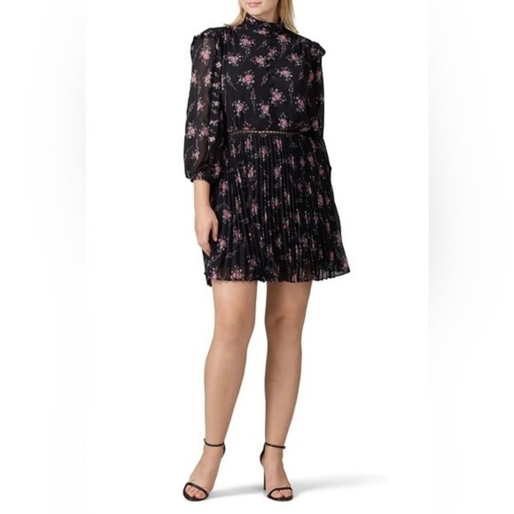 ML Monique Lhuillier Black/Pink Floral Mini Dress, Button Front, Size 10